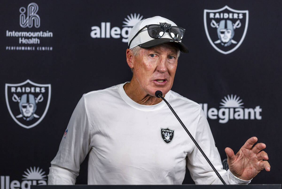 Raiders head coach Pete Carroll answers a question during an interview on the third day of trai ...