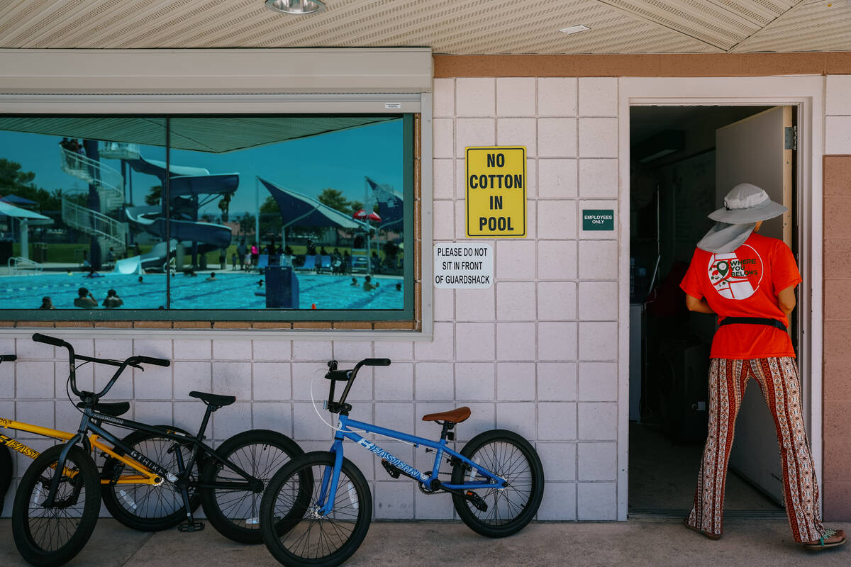 Bikes sit poolside, soon to be given away to raffle-winning kids during City of North Las Vegas ...