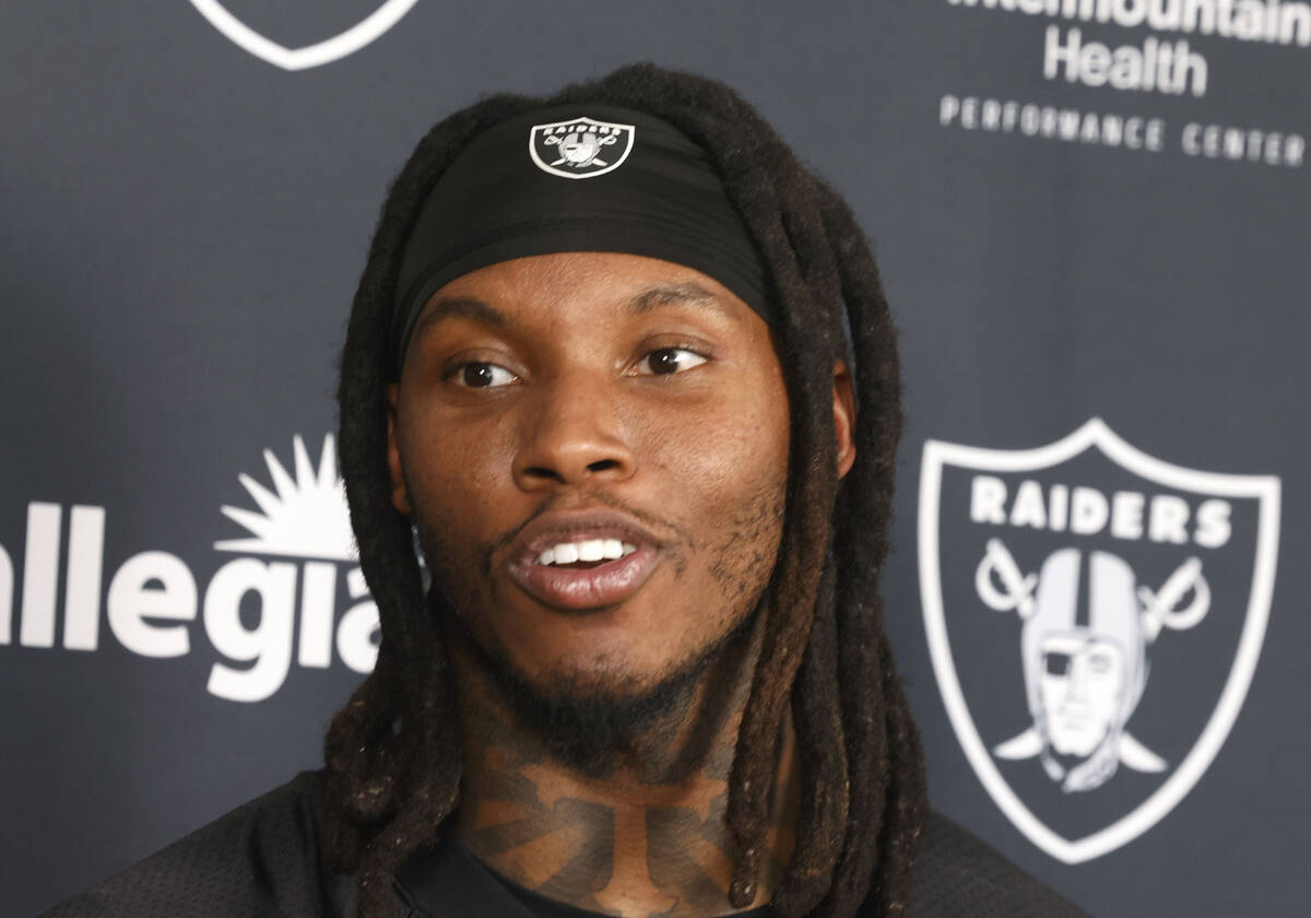 Raiders safety Lonnie Johnson Jr. addresses the media after the team’s training camp at ...