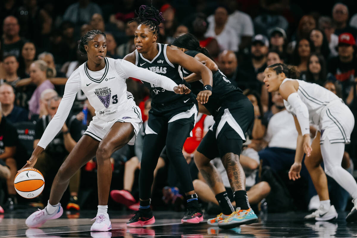 Golden State Valkyries forward Laeticia Amihere (3) dribbles the ball against defense by Aces g ...