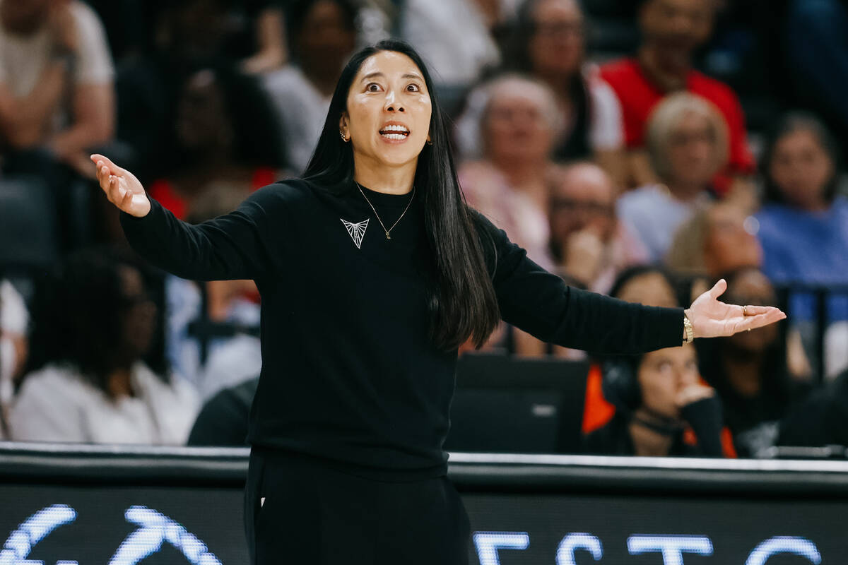 Golden State Valkyries head coach Natalie Nakase receives a technical foul during a WNBA game b ...