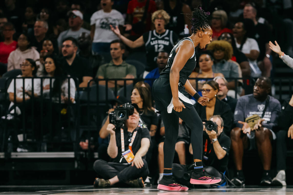 Aces guard Chelsea Gray (12) gets animated during a WNBA game between the Aces and Golden State ...