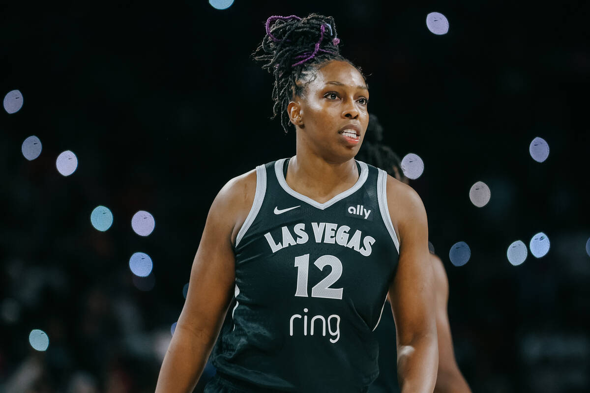Aces guard Chelsea Gray walks down the court during a WNBA game between the Aces and Golden Sta ...
