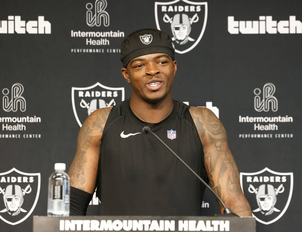 Raiders cornerback Decamerion Richardson speaks to the media after the team’s training c ...
