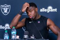 Raiders cornerback Jakorian Bennett (0) considers a question during an interview at training ca ...