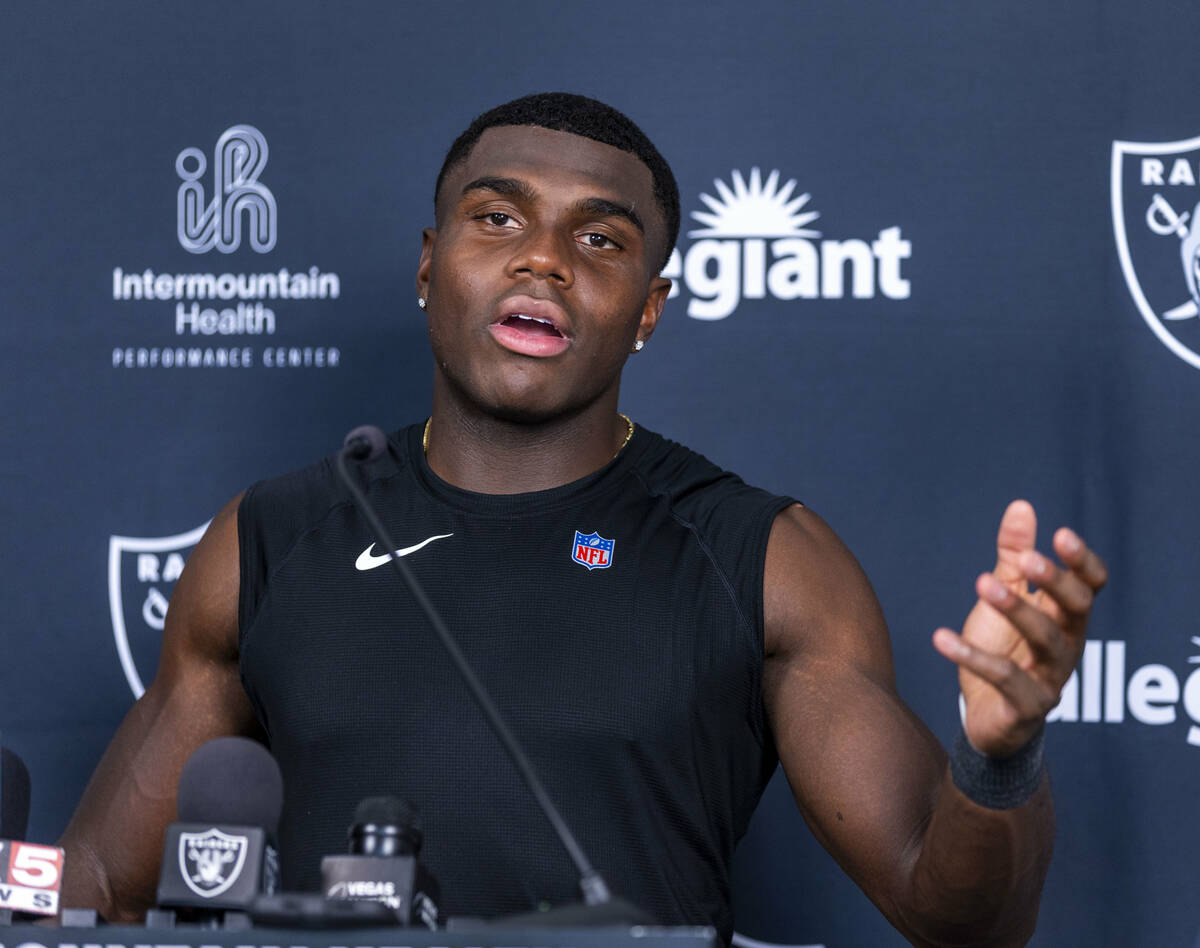Raiders cornerback Jakorian Bennett (0) answers a question during an interview at training camp ...