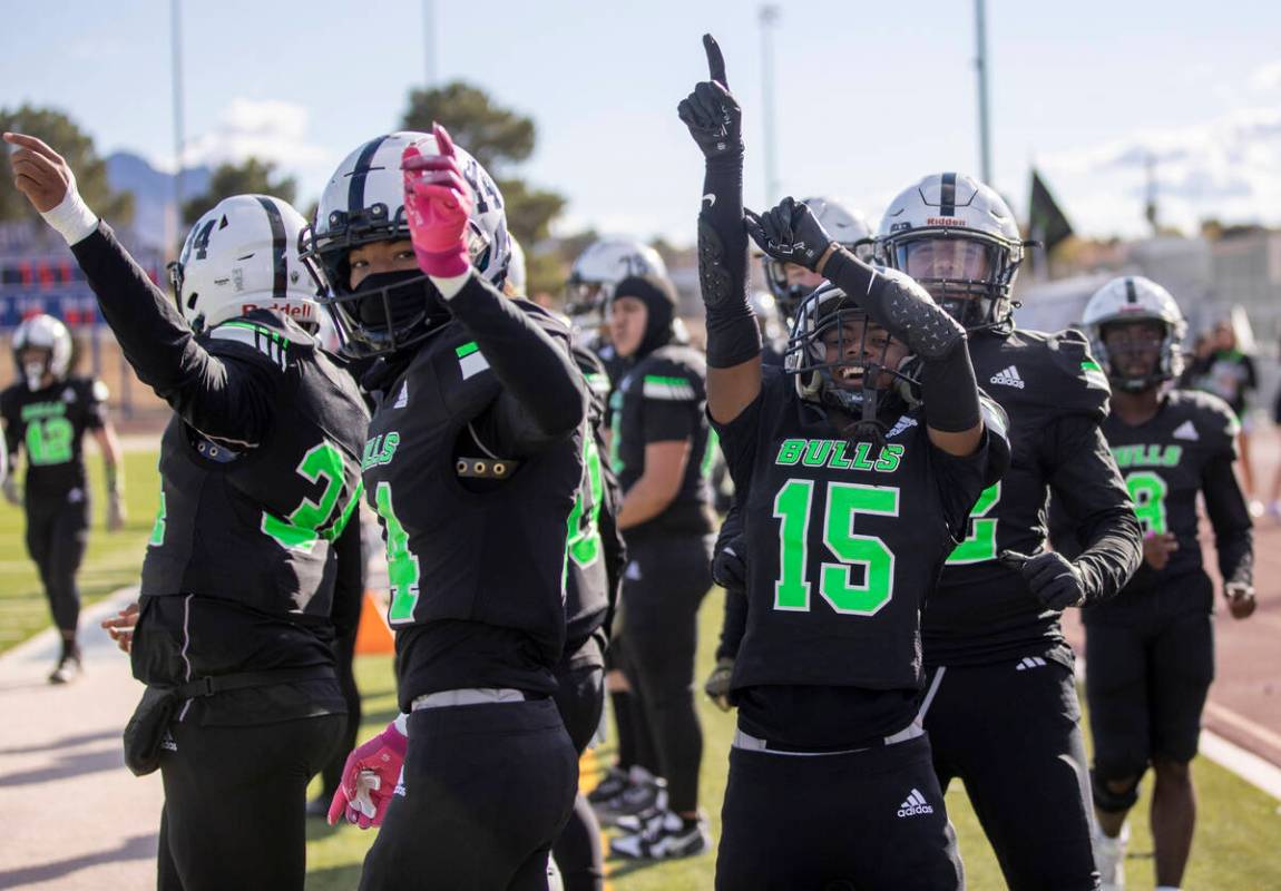 The SLAM! Nevada sideline celebrates after a touchdown is scored during the 3A state semif ...