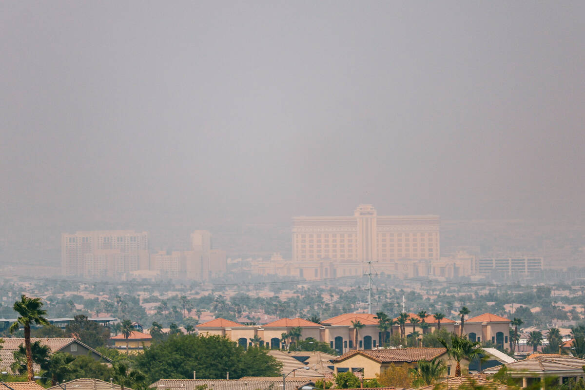 A nearly-opaque haze obscures the view of the South Point, seen from Lindo Michoacán on Mo ...