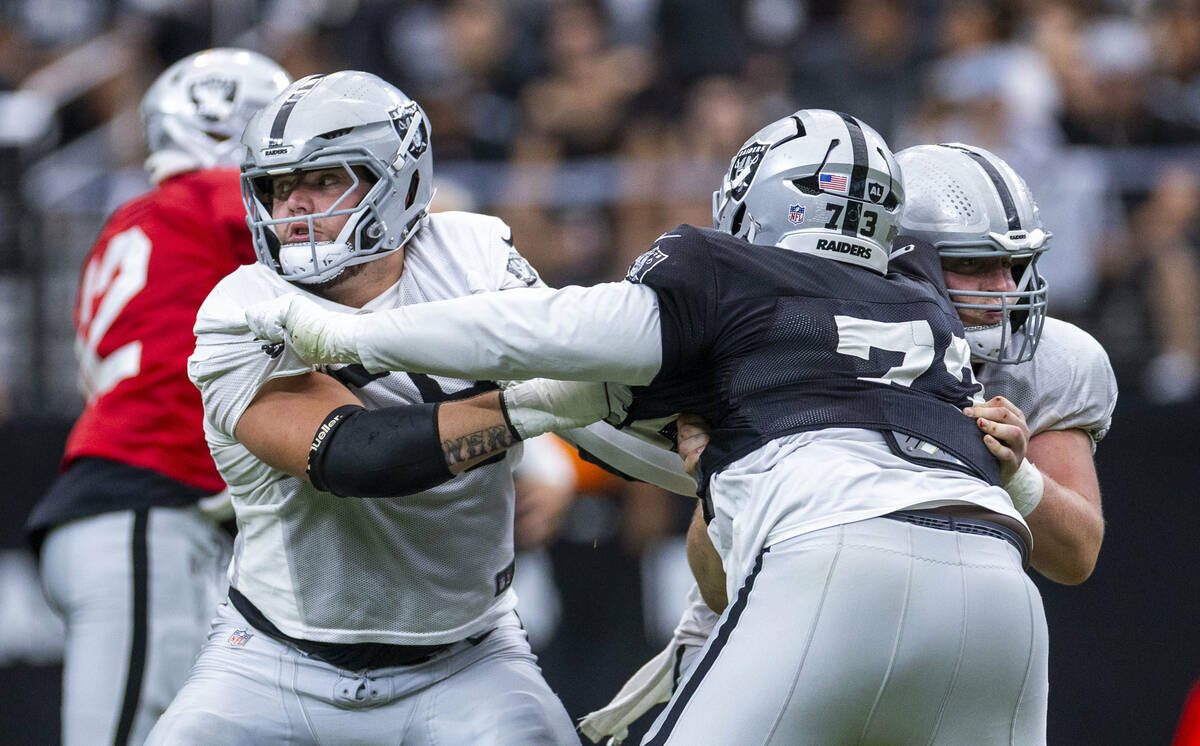 Raiders guard Jackson Powers-Johnson (58) blocks out Raiders defensive tackle Tank Booker (73) ...
