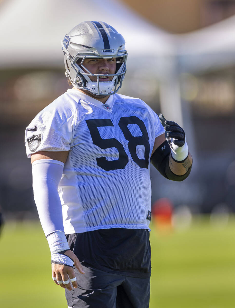 Raiders guard Jackson Powers-Johnson (58) readies for drills on the second day of training camp ...