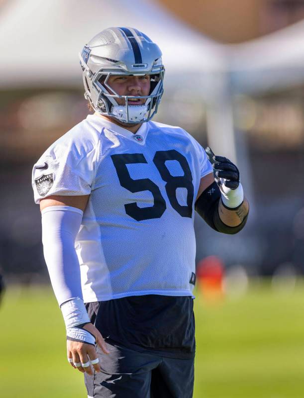 Raiders guard Jackson Powers-Johnson (58) readies for drills on the second day of training camp ...