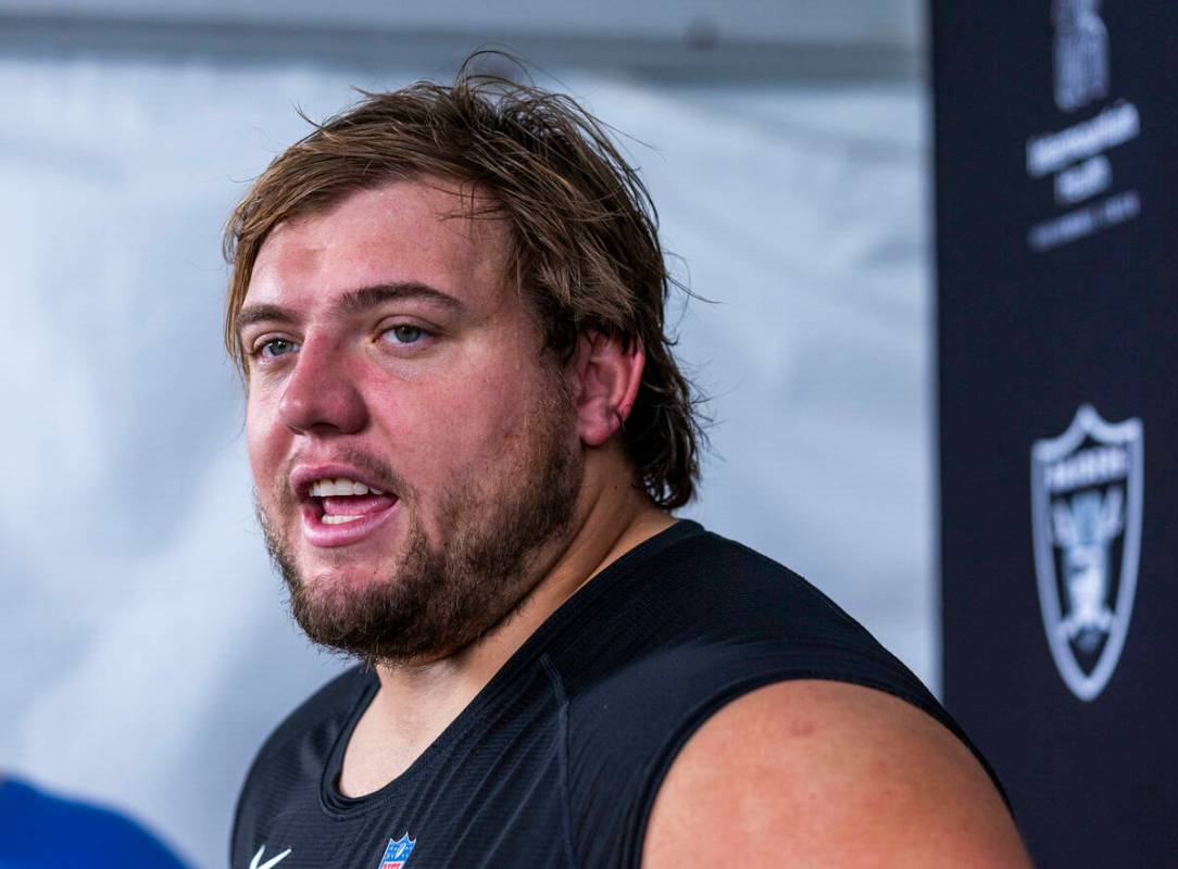 Raiders guard Jackson Powers-Johnson (58) speaks during an interview on the second day of train ...