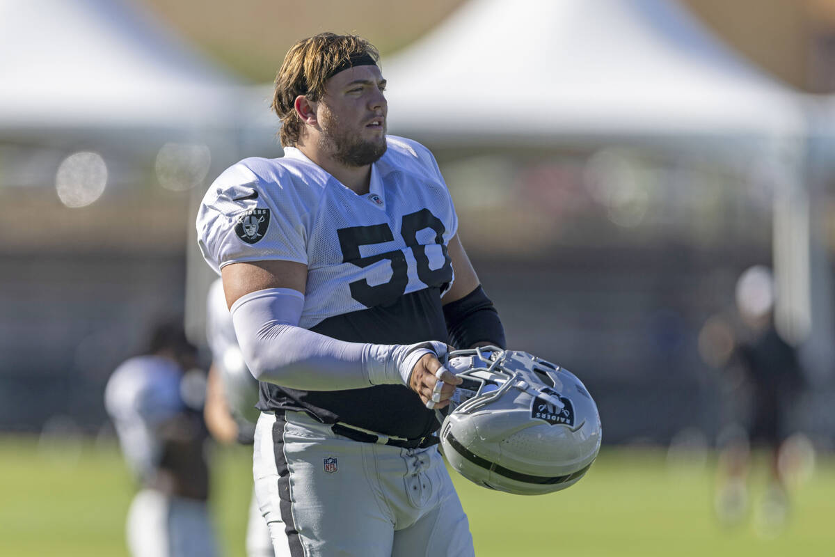 Raiders guard Jackson Powers-Johnson (58) gets ready to put on his helmet during the team&#x201 ...
