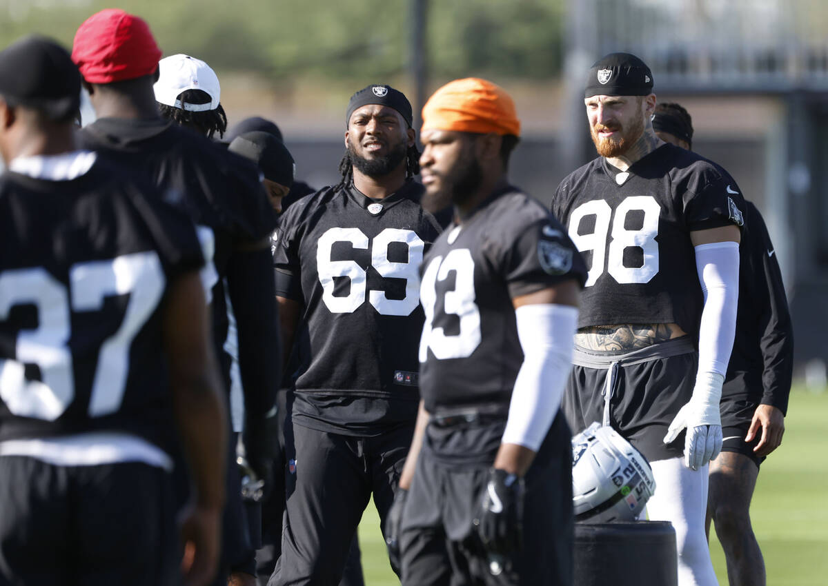 Raiders defensive end Maxx Crosby (98) and his teammates take the field during the team’ ...