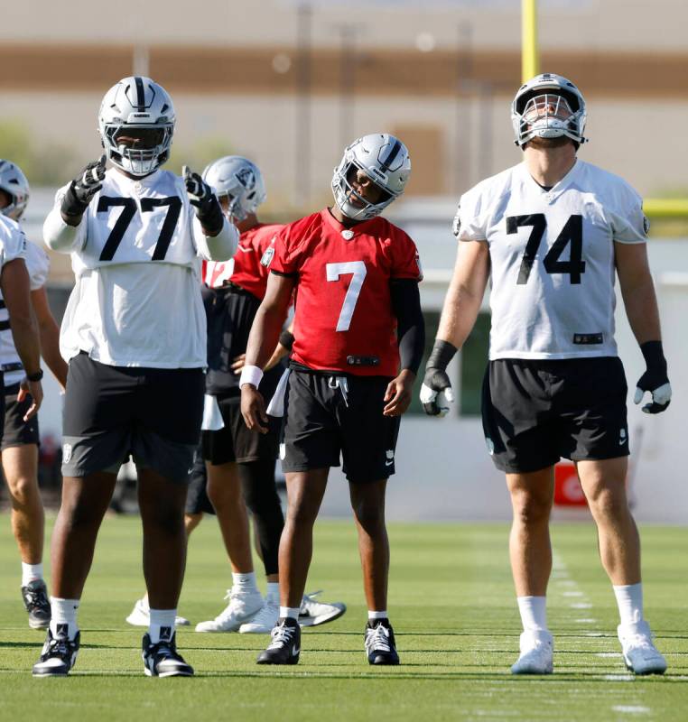 Raiders offensive tackles Thayer Munford Jr. (77) and Kolton Miller (74) stretch with quarterba ...