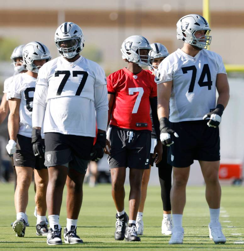 Raiders offensive tackles Thayer Munford Jr. (77) quarterback Geno Smith (7) and Kolton Miller ...