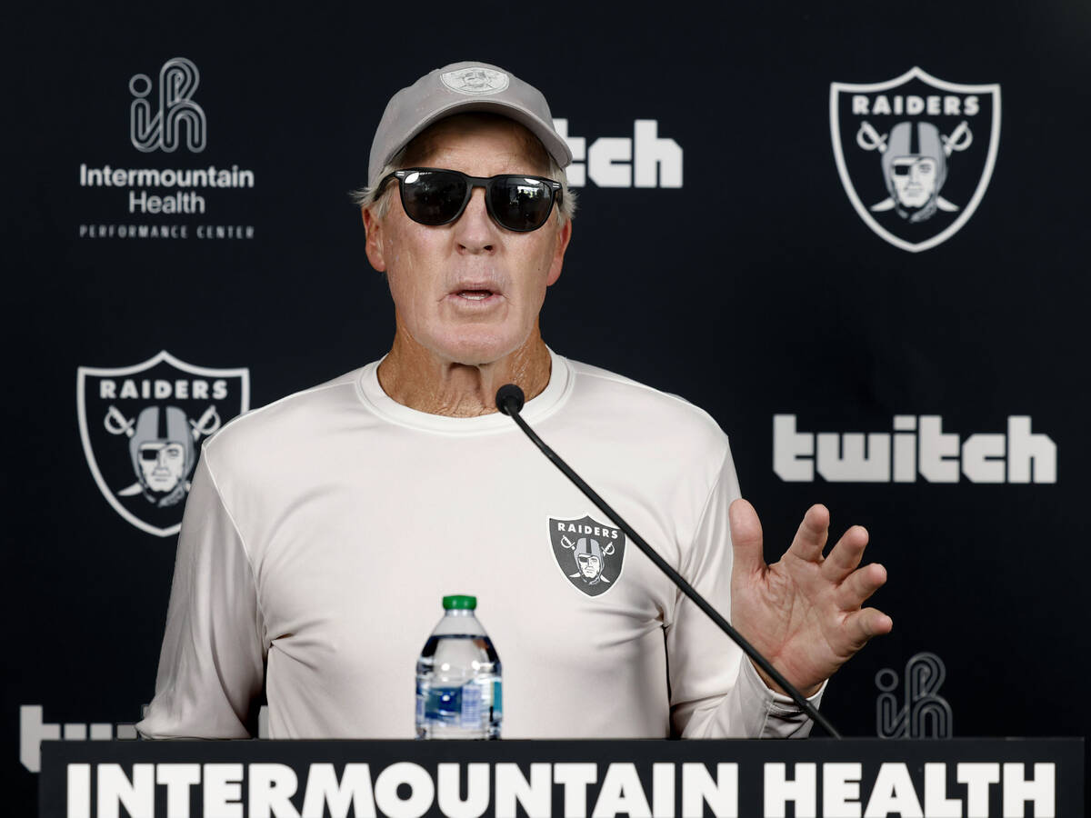 Raiders head coach Pete Carroll speaks to the media after the team’s training camp at th ...