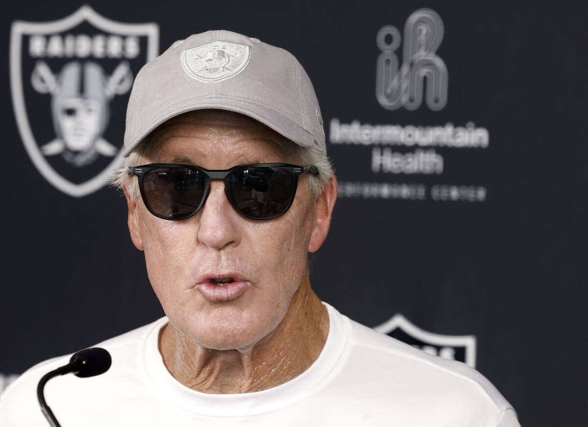 Raiders head coach Pete Carroll speaks to the media after the team’s training camp at th ...