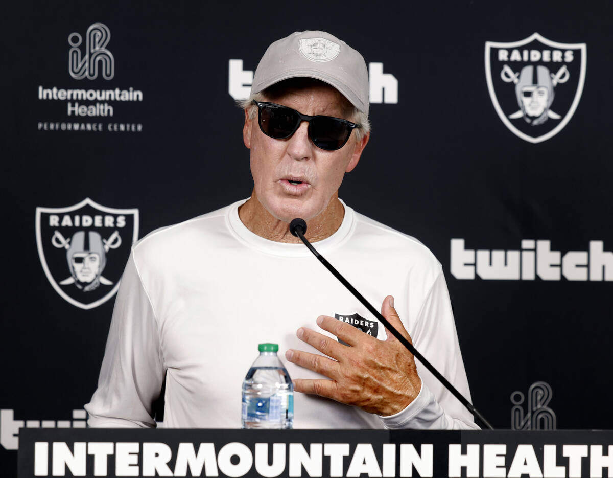 Raiders head coach Pete Carroll speaks to the media after the team’s training camp at th ...