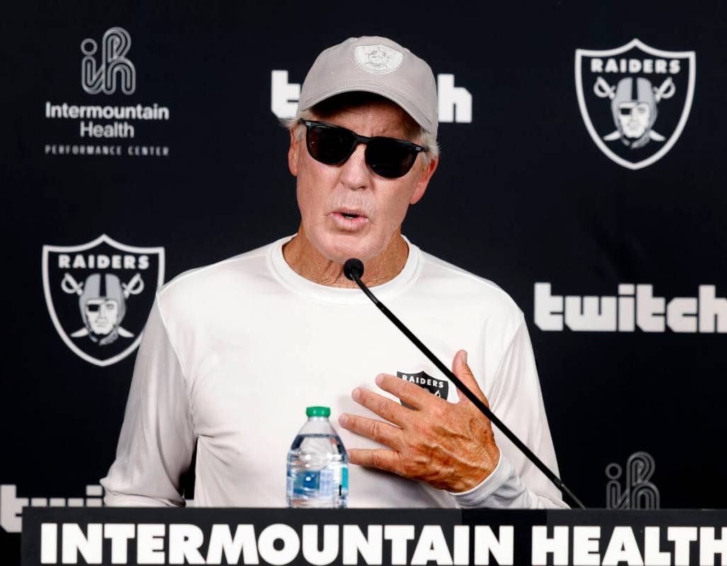 Raiders head coach Pete Carroll speaks to the media after the team’s training camp at th ...
