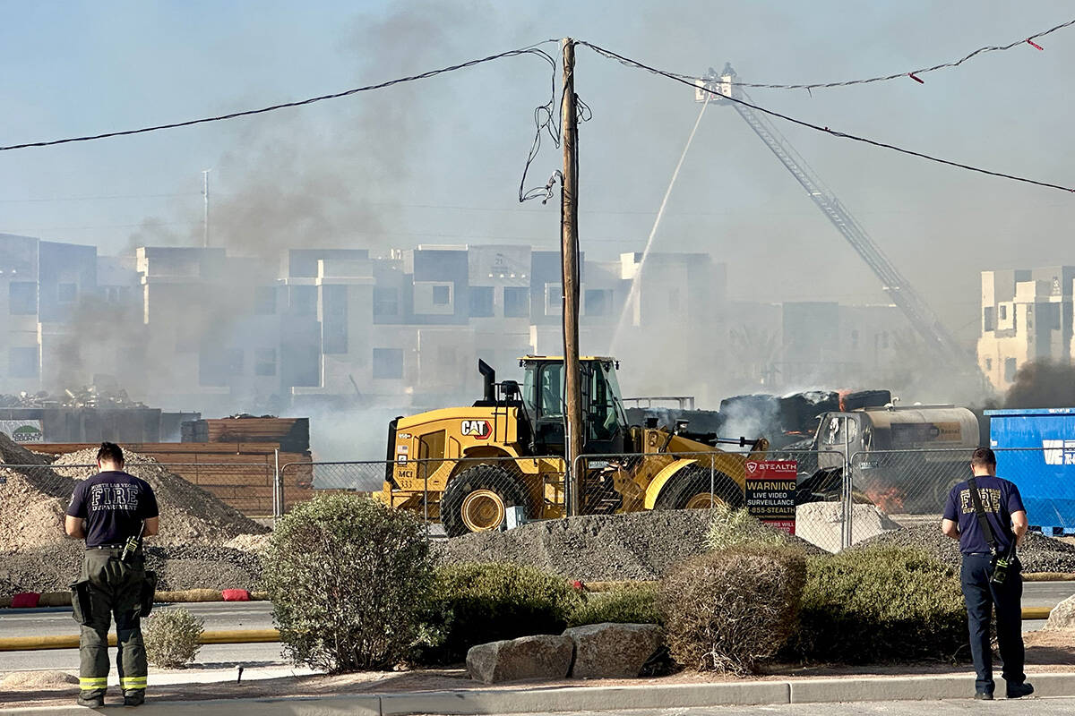 Crews battle a fire at a construction site Tuesday, Aug. 5, 2025, on the 6500 block of North 5t ...