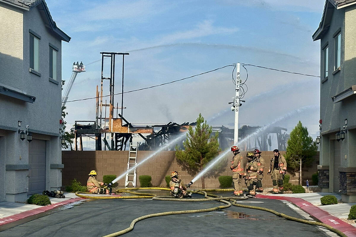 Crews battle a fire at a construction site Tuesday, Aug. 5, 2025, on the 6500 block of North 5t ...