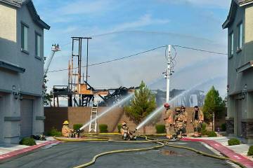 Crews battle a fire at a construction site Tuesday, Aug. 5, 2025, on the 6500 block of North 5t ...