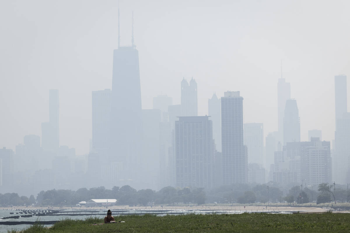 People sun tan in grass off the Lakefront Trail on the North Side as a haze of Canadian wildfir ...