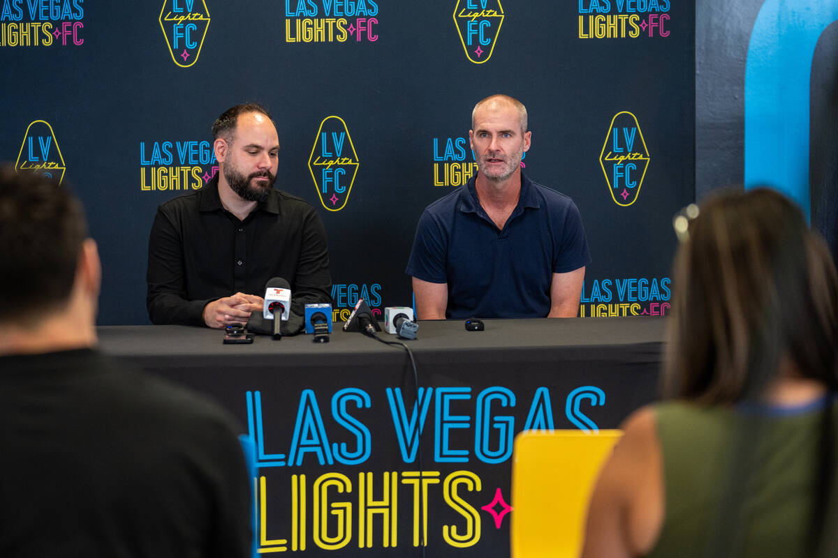 Las Vegas Lights FC introduces their new head coach, Devin Rensing (right), during a news confe ...
