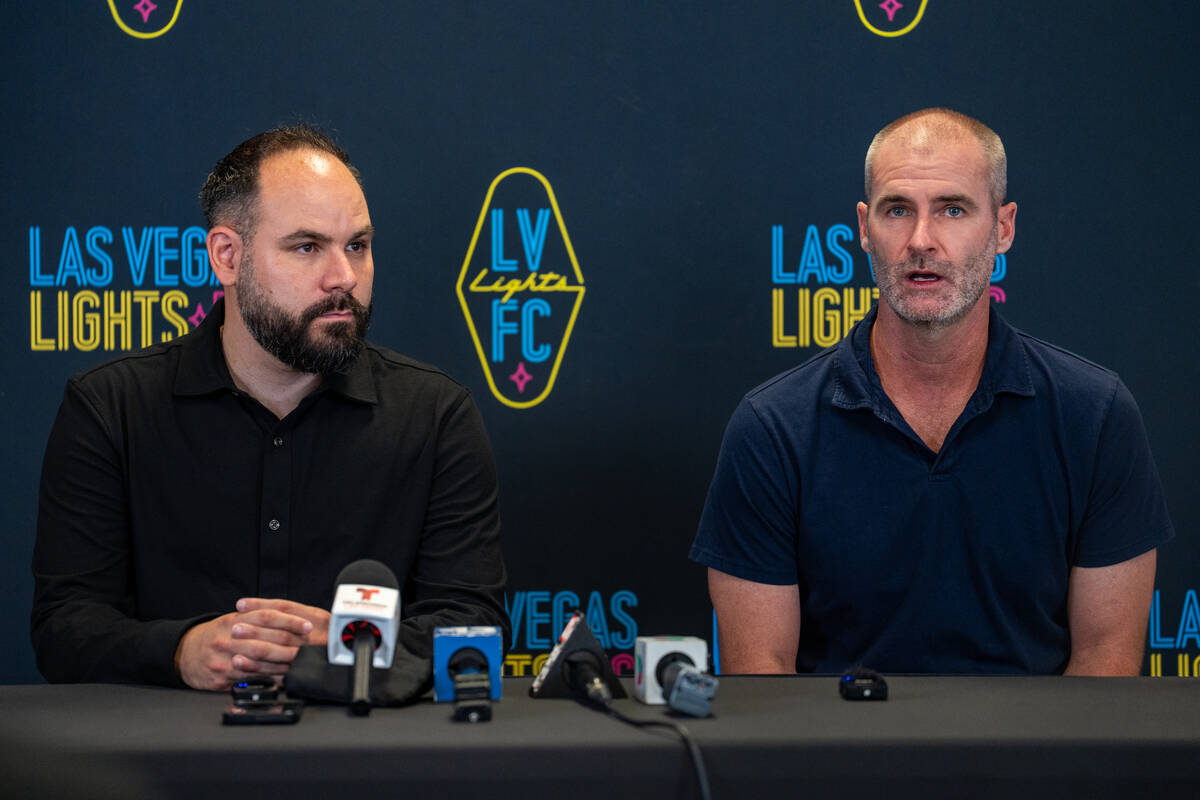 Las Vegas Lights FC introduces their new head coach, Devin Rensing (right), during a news confe ...