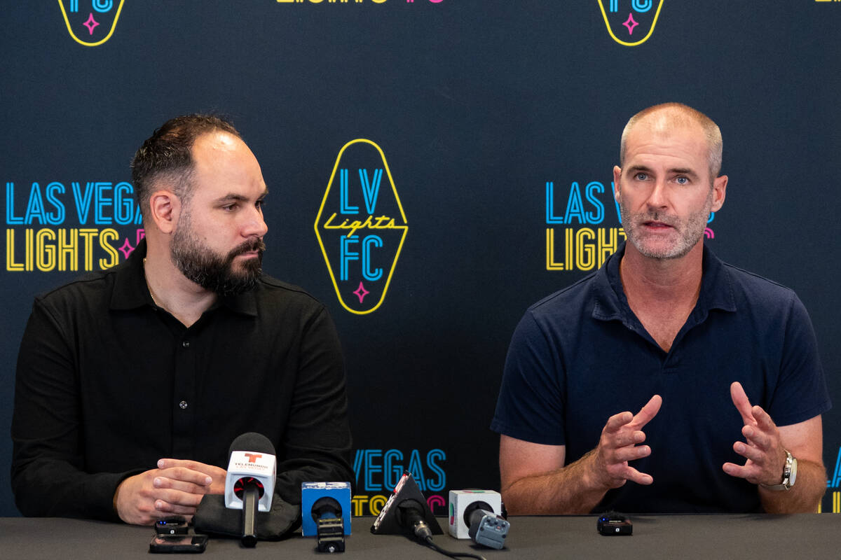 Las Vegas Lights FC introduces their new head coach, Devin Rensing (right), during a news confe ...