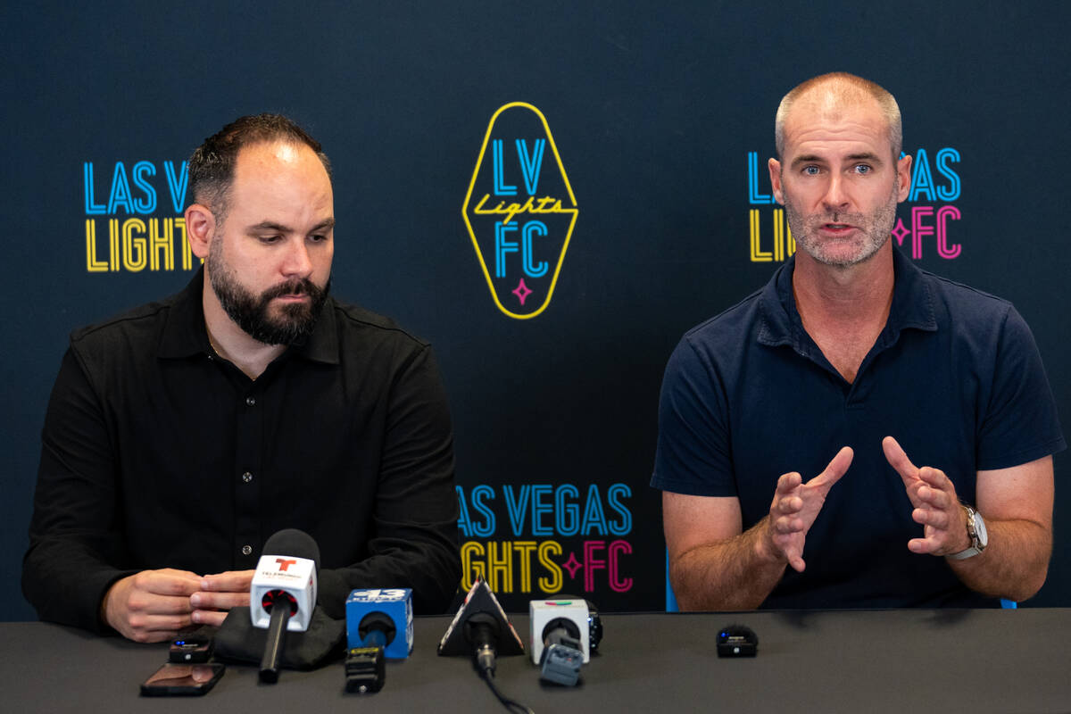 Las Vegas Lights FC introduces their new head coach, Devin Rensing (right), during a news confe ...