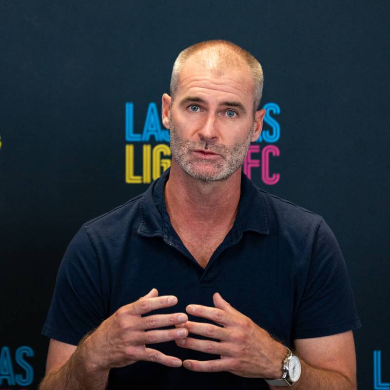 Las Vegas Lights FC introduces their new head coach, Devin Rensing (right), during a news confe ...