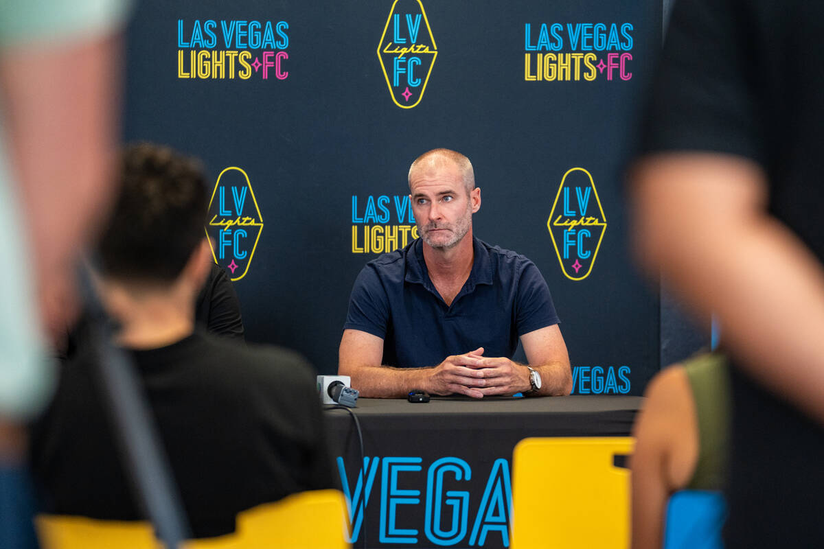 Las Vegas Lights FC introduces their new head coach, Devin Rensing (right), during a news confe ...