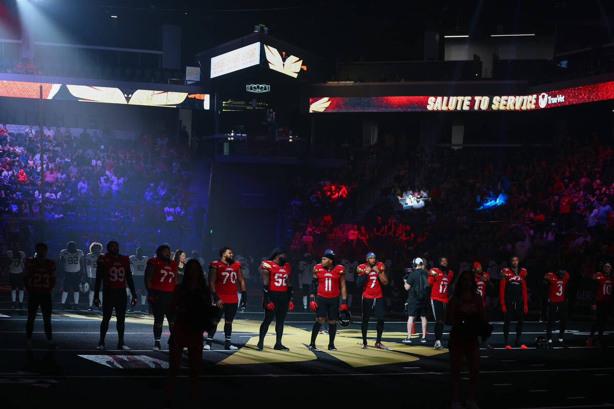 The Knight Hawks and San Diego Strike Force gather for the National Anthem during the Indoor Fo ...