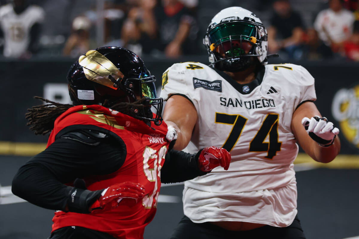 San Diego Strike Force offensive lineman Josh Castro (74) and Knight Hawks defensive lineman Ma ...