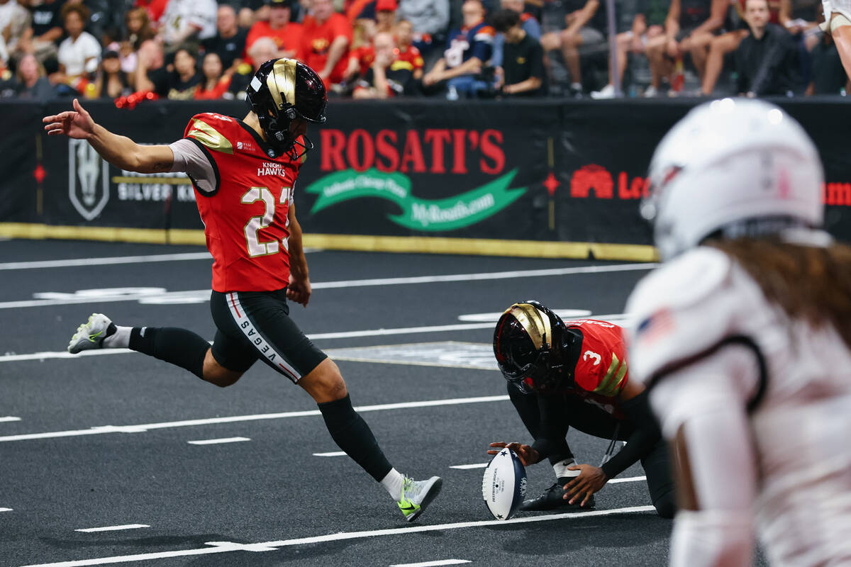 Knight Hawks kicker Ben Derby (23) makes a field goal attempt during the Indoor Football League ...