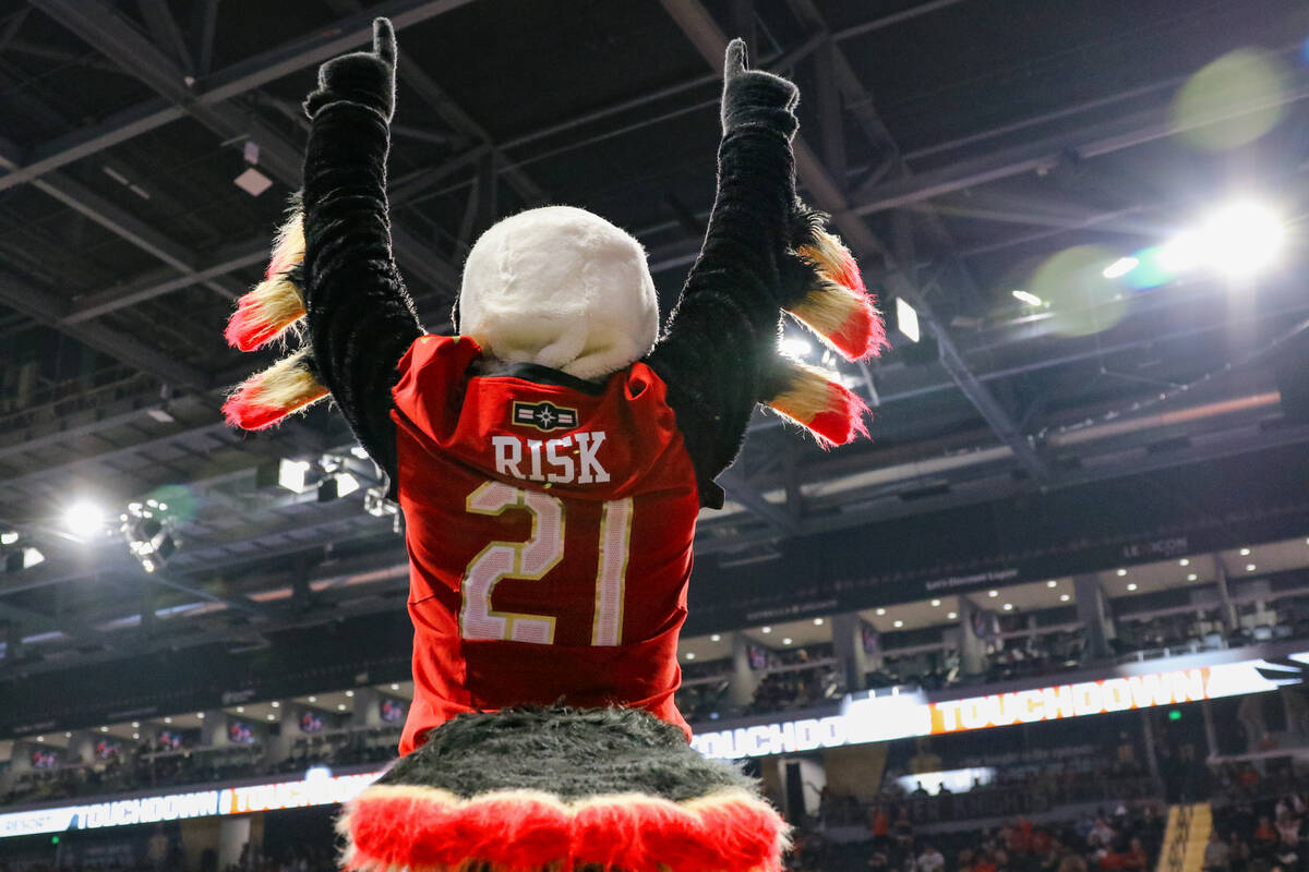 Knight Hawks mascot Risk raises his wings in celebration during the Indoor Football League&#x20 ...