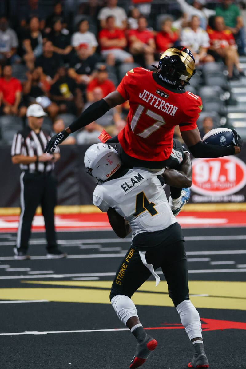 San Diego Strike Force defensive back Matt Elam (4) lifts up Knight Hawks wider receiver CJ Jef ...