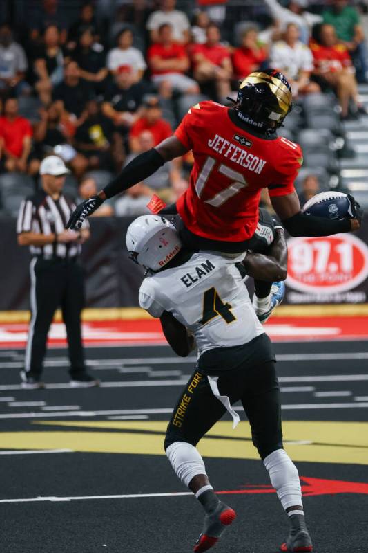 San Diego Strike Force defensive back Matt Elam (4) lifts up Knight Hawks wider receiver CJ Jef ...