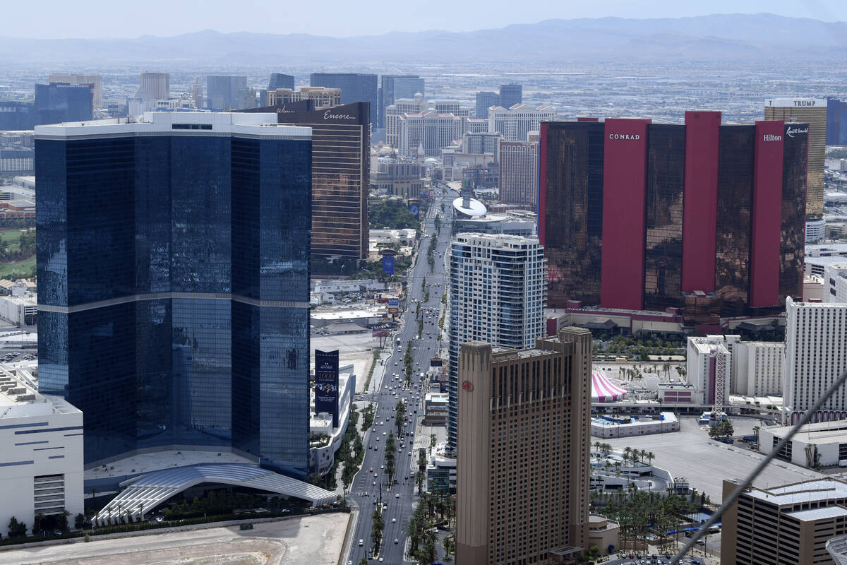 Smoke from wildfires in California lingers in the sky over the Strip in Las Vegas Monday, Augus ...