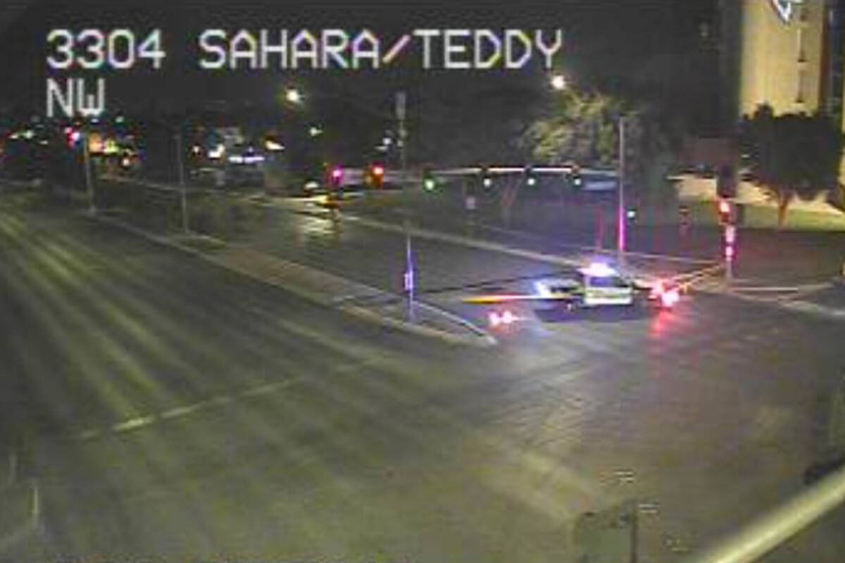 Sahara Avenue near Teddy Drive is closed for a shooting investigation Wednesday, Aug. 6, 2025, ...