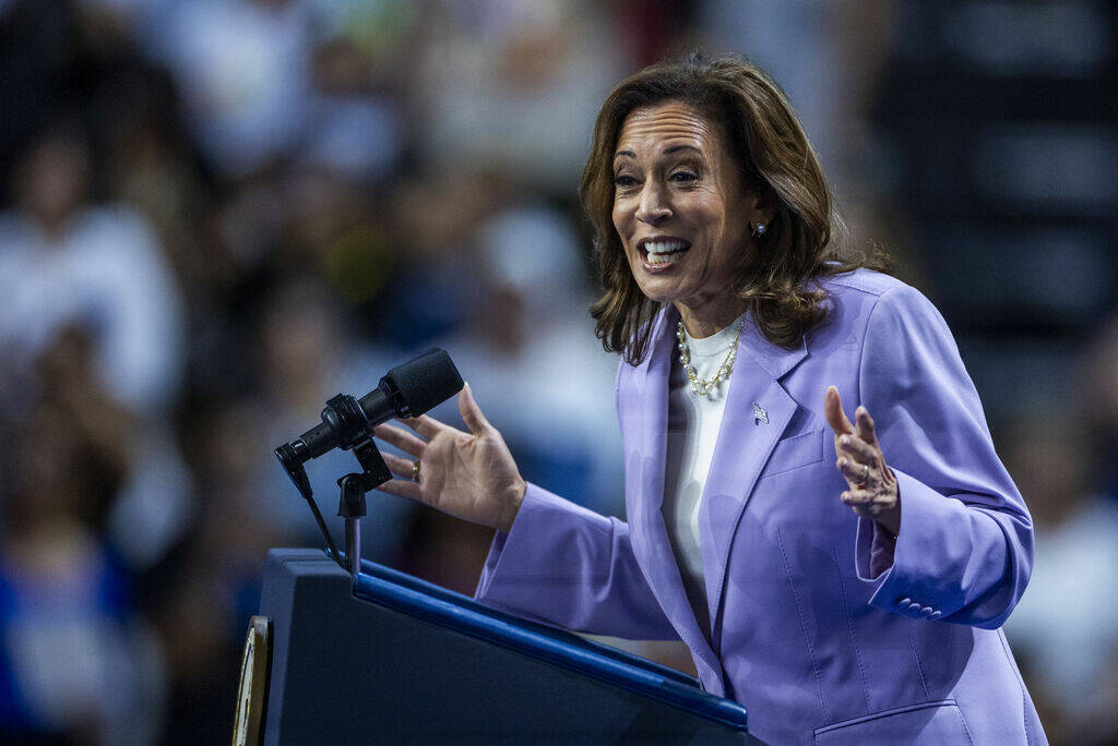 Kamala Harris speaks to supporters during a campaign rally at UNLV’s Thomas & Mack Center in ...