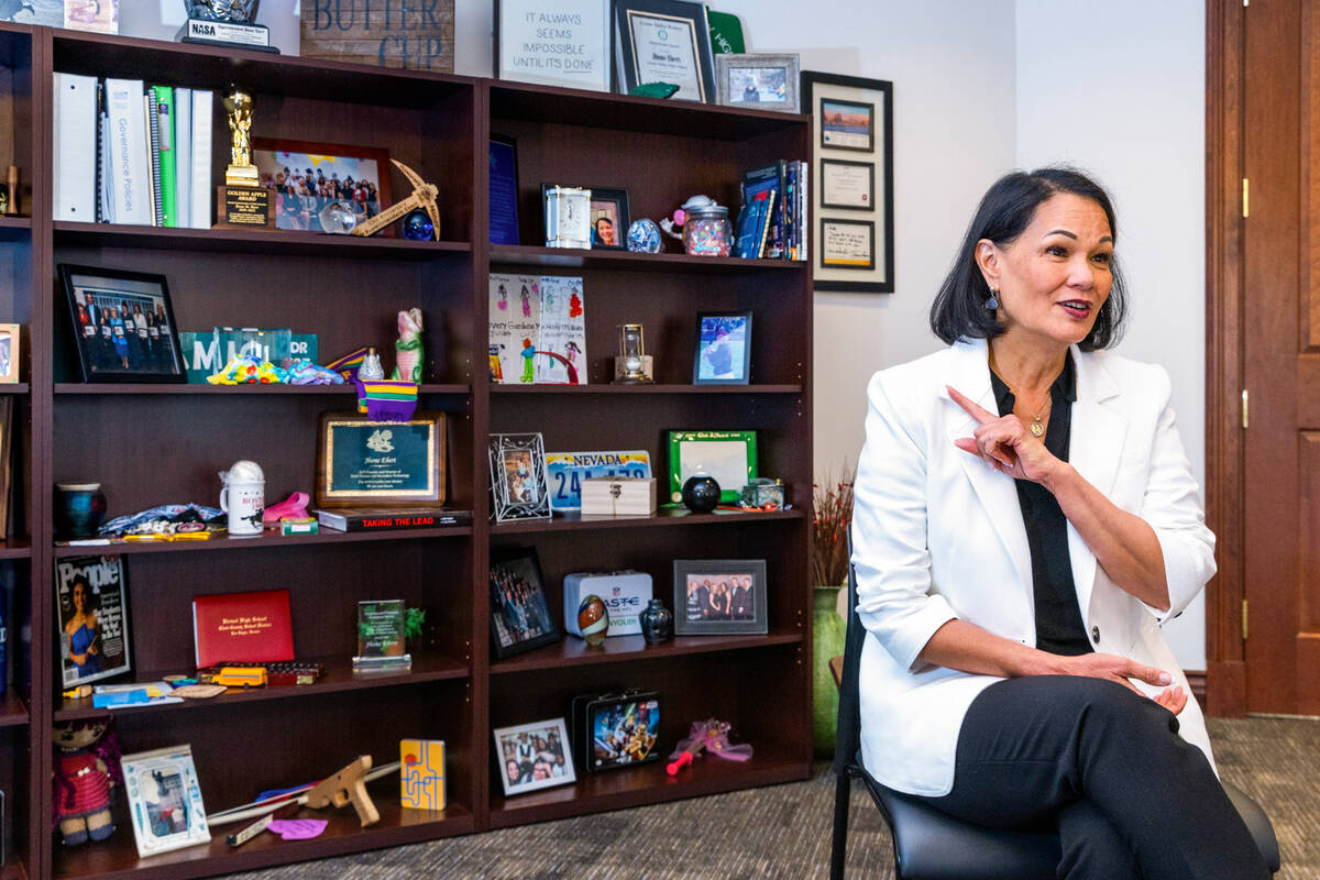 Clark County School District superintendent Jhone Ebert speaks from her office at the CCSD Admi ...