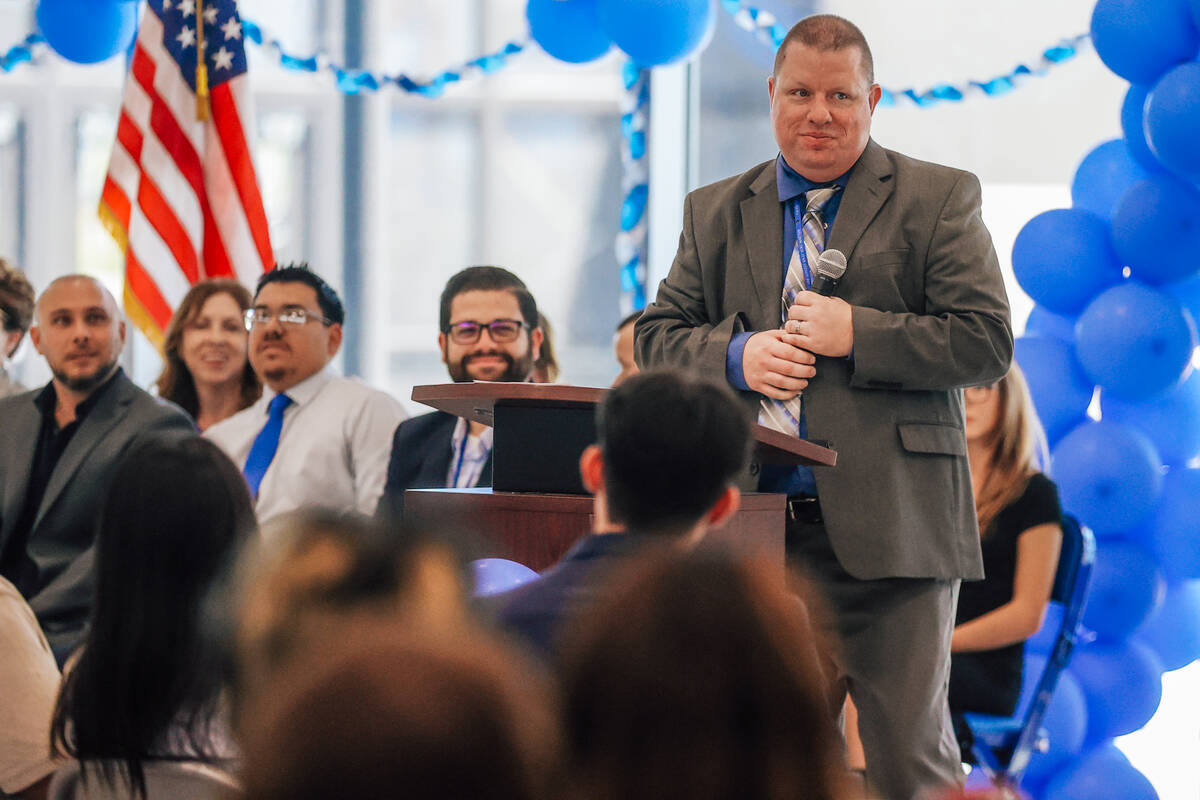 Frank F. Garside Junior High School Principal Matthew Spurk speaks during the Frank F. Garside ...