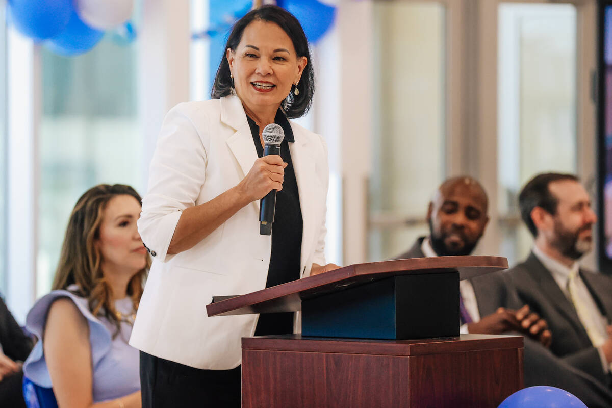 CCSD Superintendent Jhone Ebert speaks during the Frank F. Garside Junior High School ribbon cu ...