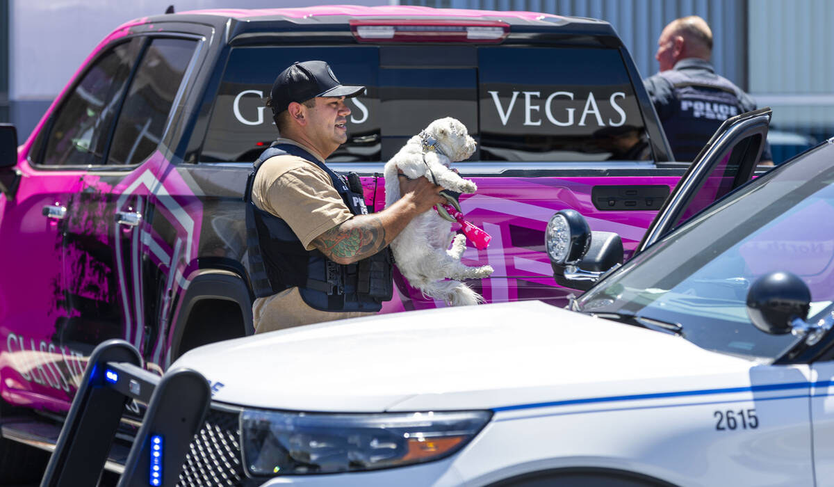 A North Las Vegas Police officer removes a dog from Glass Vegas as their Public Safety Unit and ...