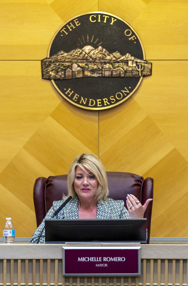 Mayor Michelle Romero speaks as the Henderson City Council holds a special session and presenta ...