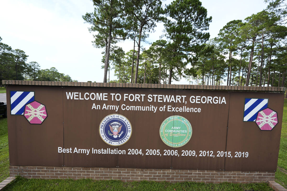 A sign welcoming people to Fort Stewart in Georgia is seen on Wednesday, Aug. 6, 2025. (AP Phot ...