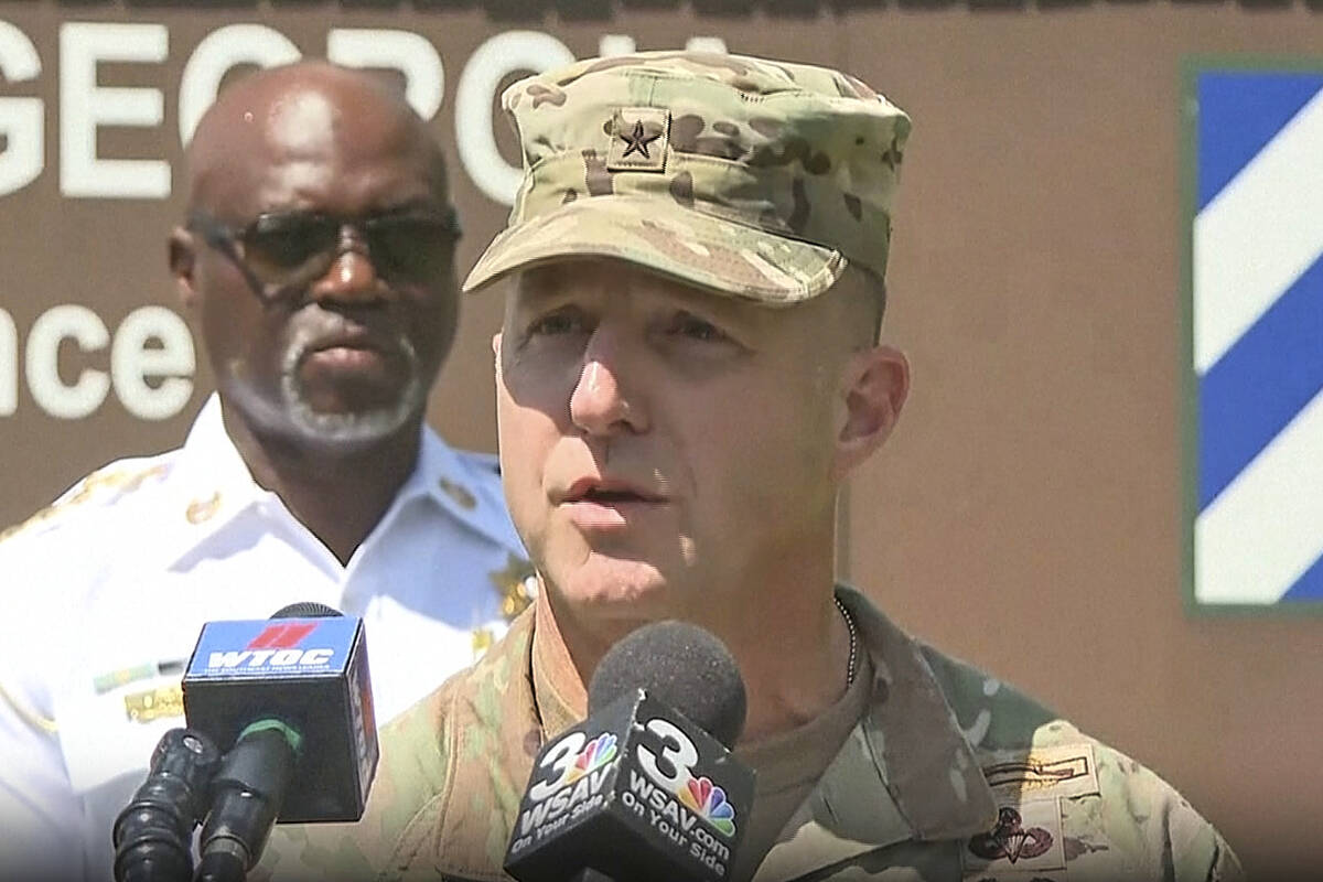 In this image taken from video, Brig Gen. John Lubas speaks during a news conference about the ...